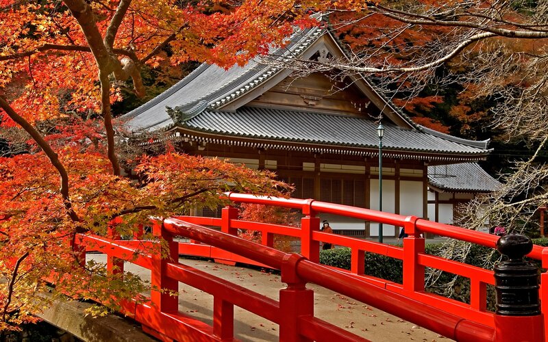 Red Bridge and Temple — Serene, Autumn