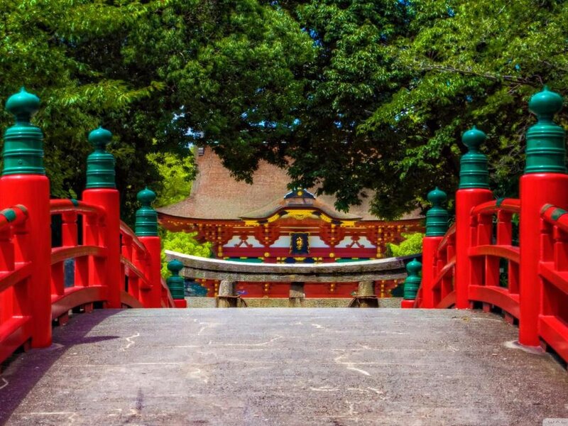 Red Bridge at Shrine — Serene, Afternoon