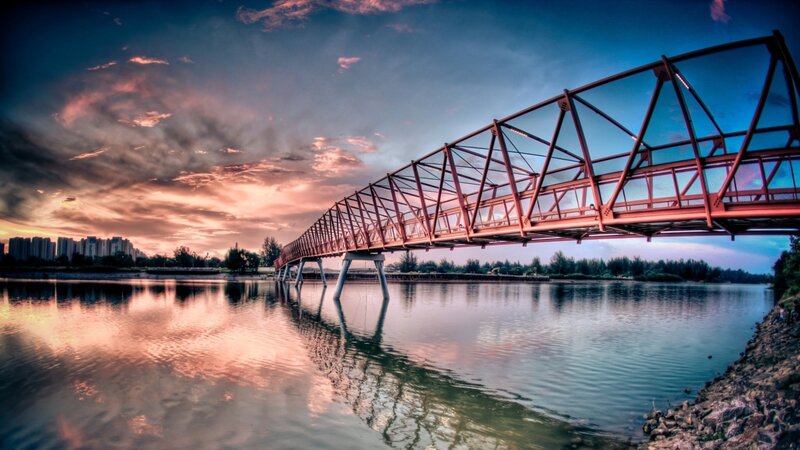 Red bridge at sunset