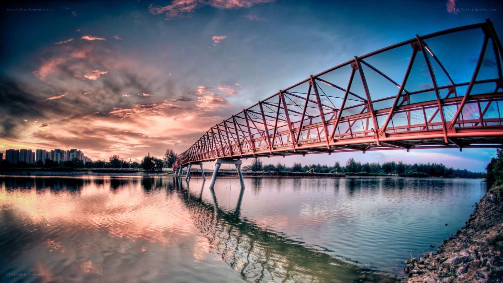Red bridge at sunset