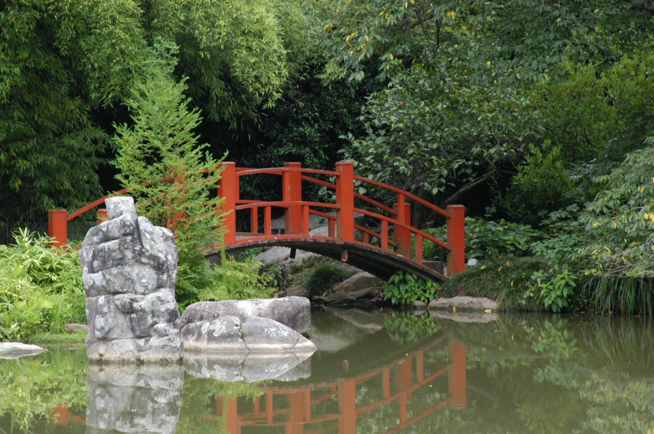 Red bridge in a garden