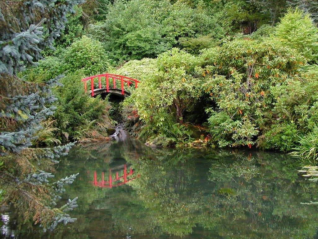 Red bridge in a lush garden