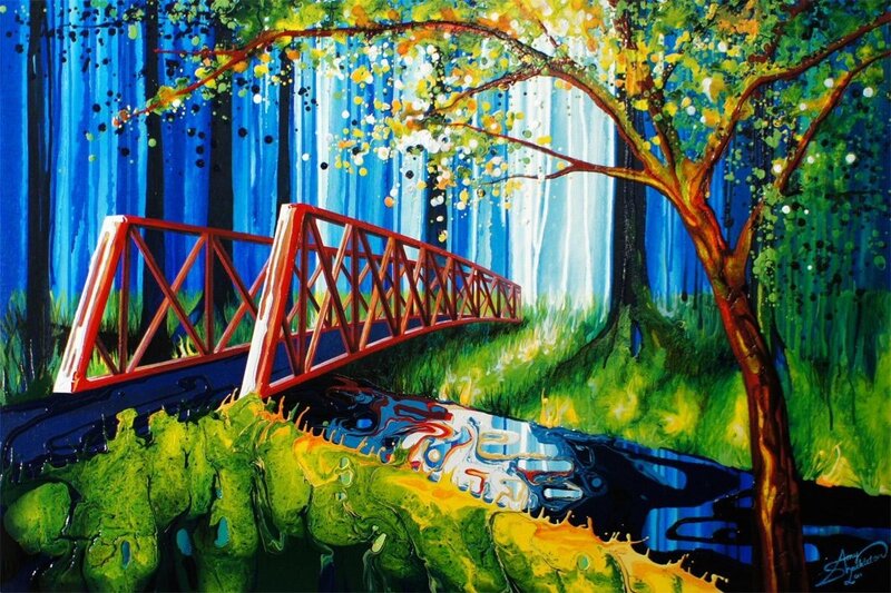 Red Bridge in Forest — Blue