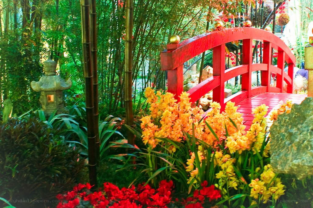 Red bridge in garden