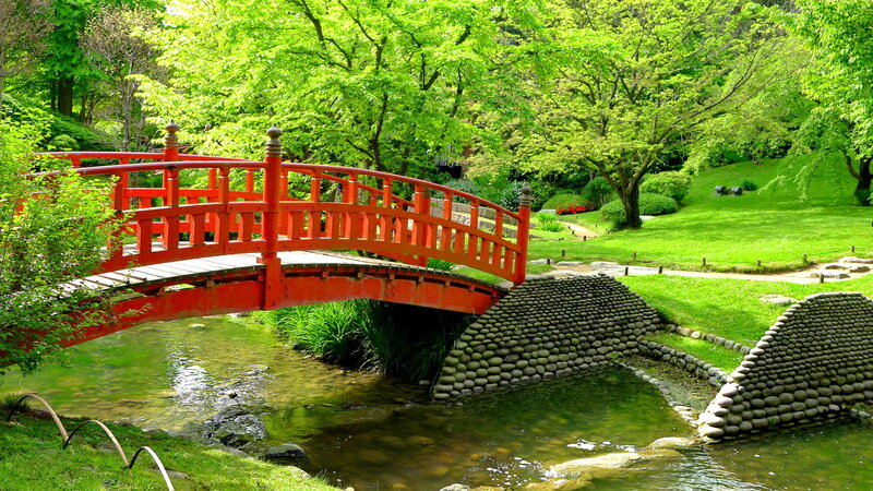 Red Bridge in Garden — Green, Serene, Afternoon, Photograph, Stream, Trees