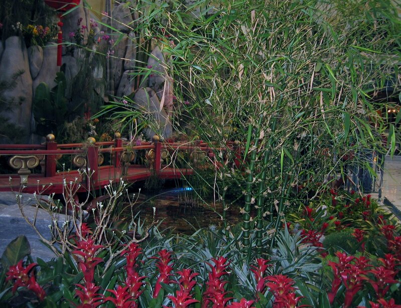 Red Bridge in Garden — Green, Serene, Night