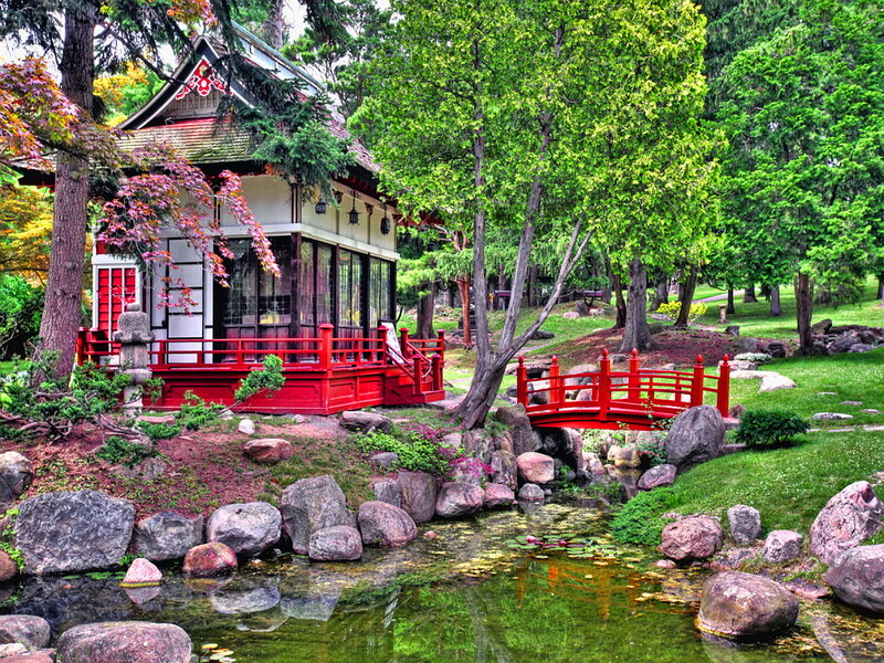 Red Bridge in Garden — Green, Serene, Summer