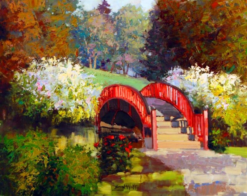 Red Bridge in Garden — Serene, Afternoon