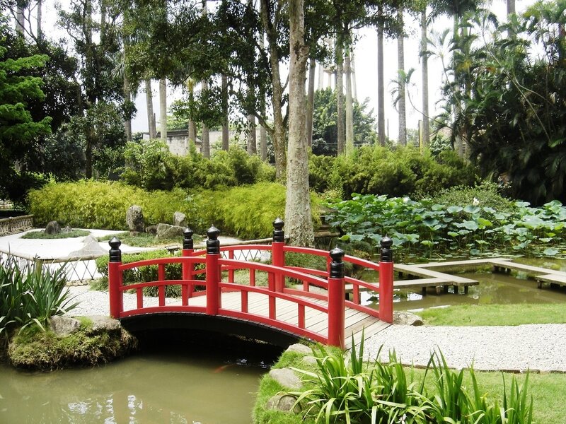 Red Bridge in Garden — Serene