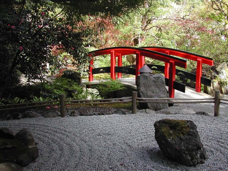 Red bridge in Japanese garden