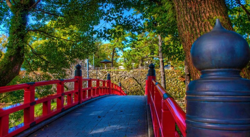 Red Bridge in Park — Serene, Afternoon