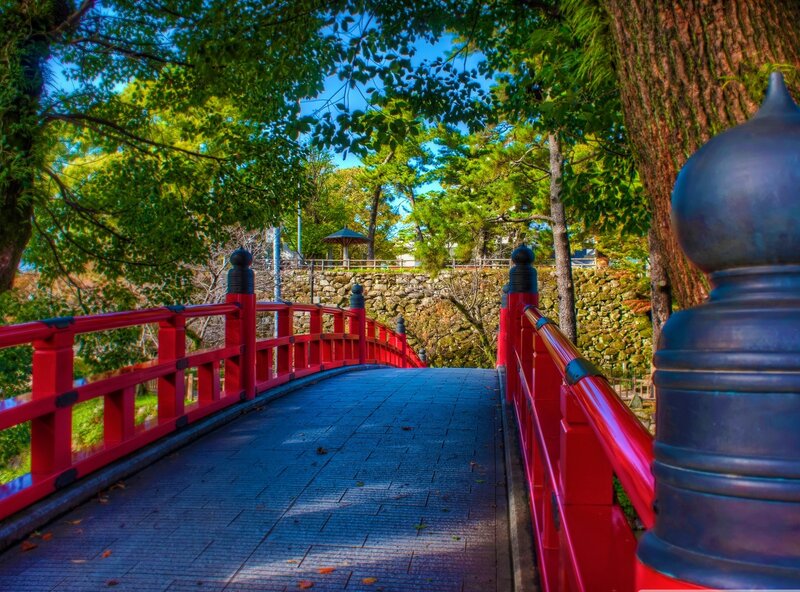 Red Bridge in Park — Serene