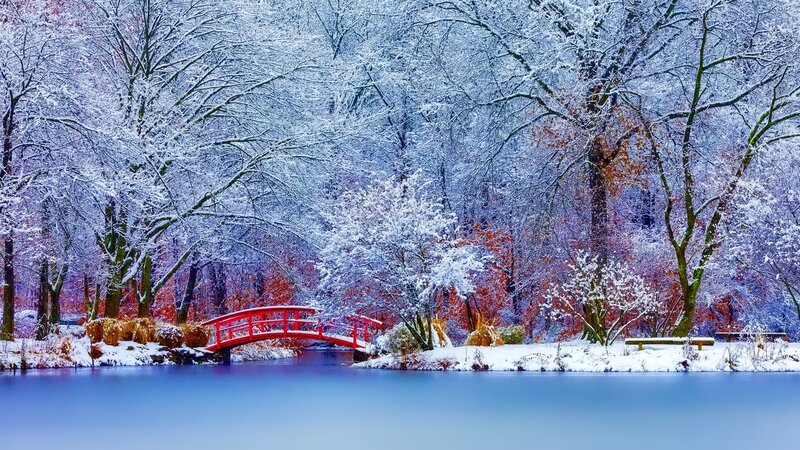 Red Bridge in Snow — Blue, Serene