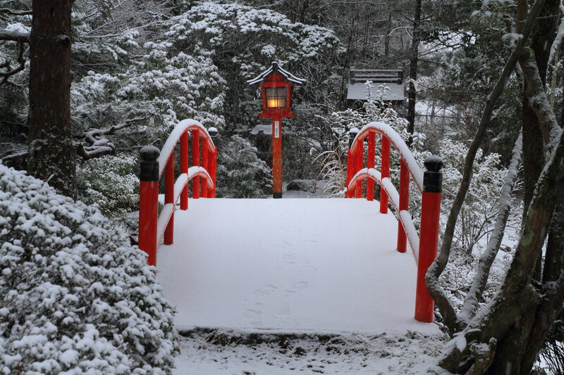 Red Bridge in Snow — Serene, Winter, Photograph, Lantern
