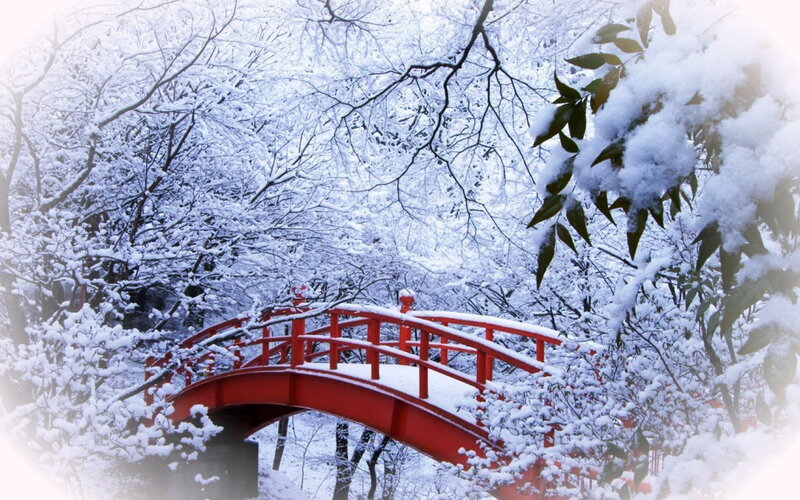 Red Bridge in Snow — Serene, Winter, Photograph
