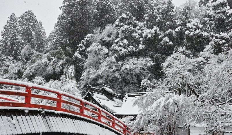 Red Bridge in Snow — Serene, Winter, Photograph, Trees, Building