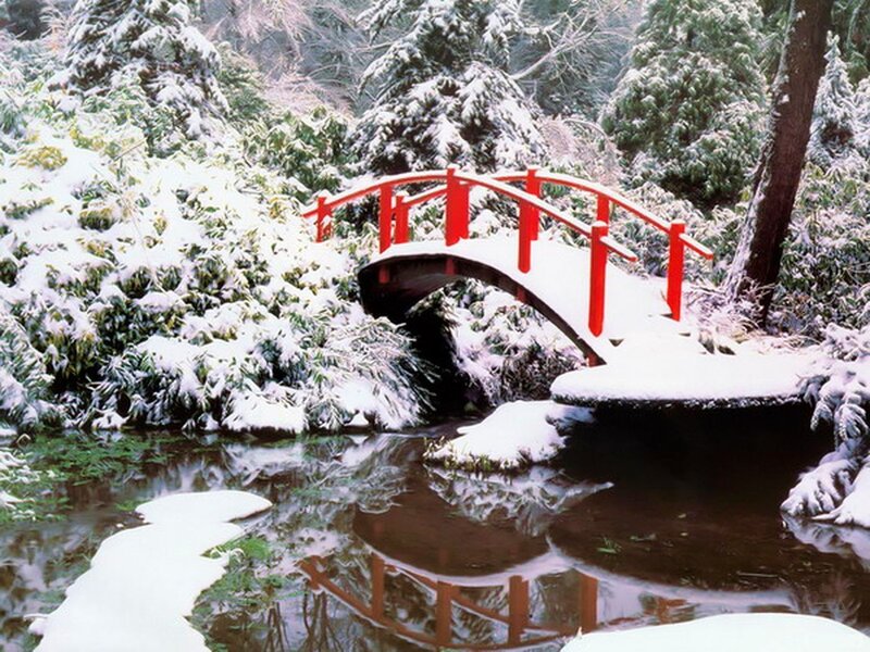 Red Bridge in Snow — Serene, Winter, Photograph, Trees, Stream