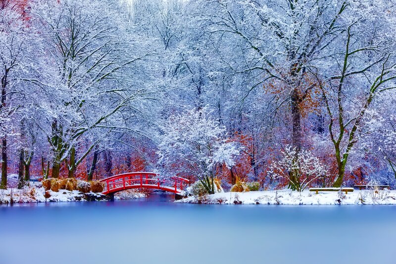 Red Bridge in Snow — White, Serene, Winter