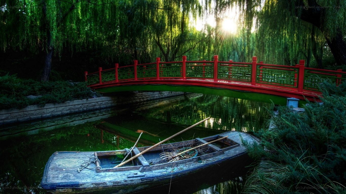 Red bridge over a tranquil pond