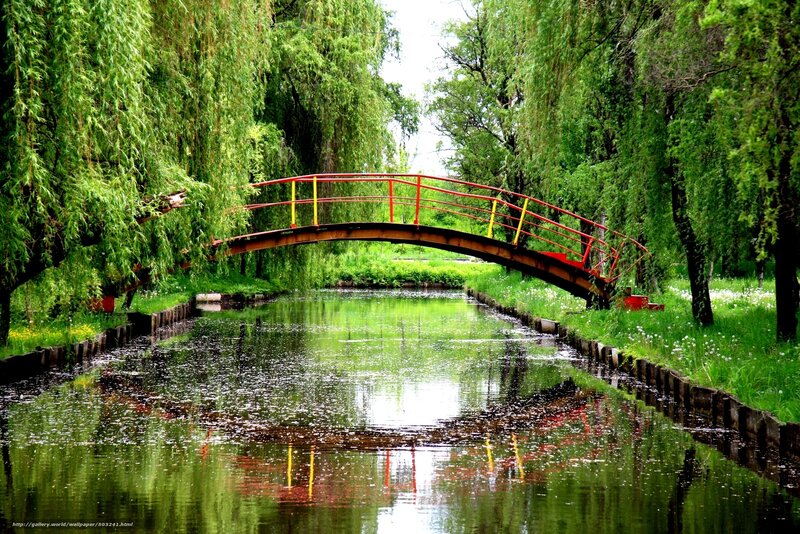 Red bridge over canal