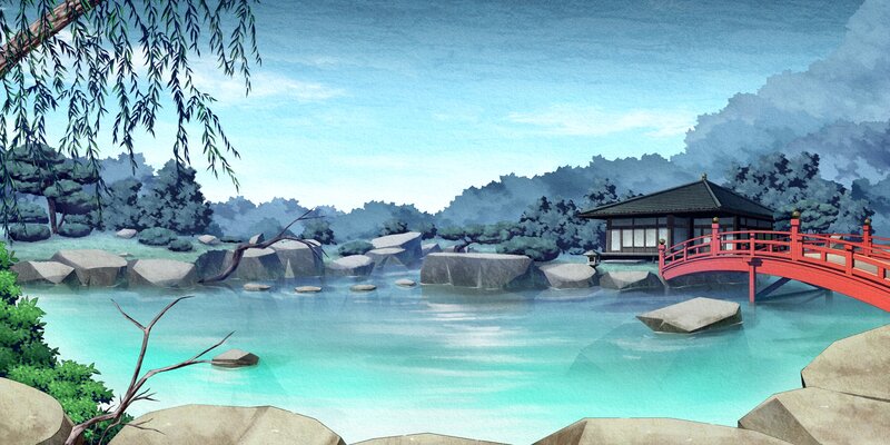 Red Bridge over Pond — Blue, Serene
