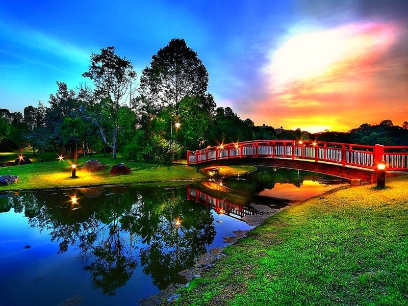 Red Bridge over Pond — Blue