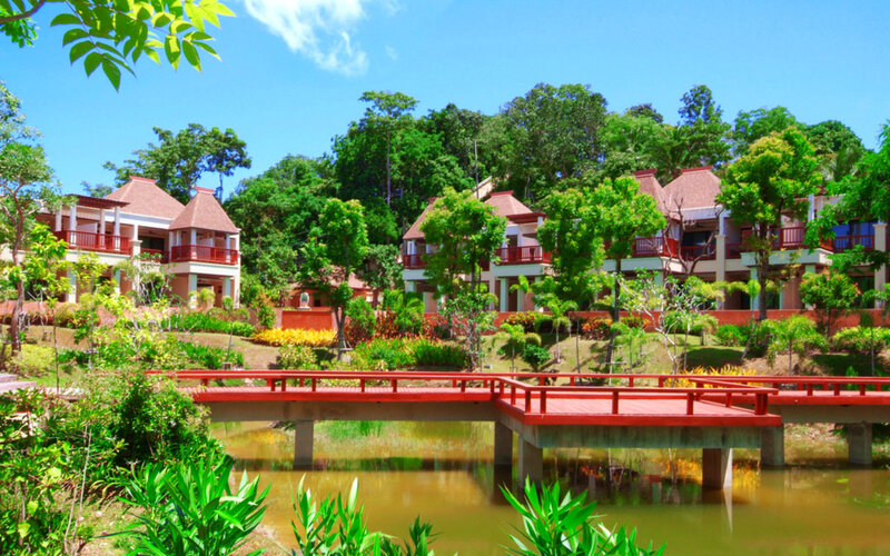 Red Bridge over Pond — Green, Serene, Afternoon, Photograph, Buildings