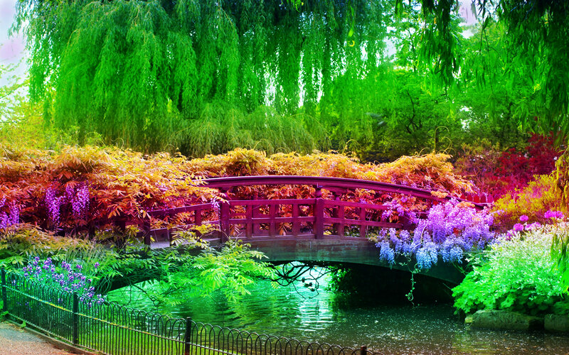 Red Bridge over Pond — Green, Serene, Spring