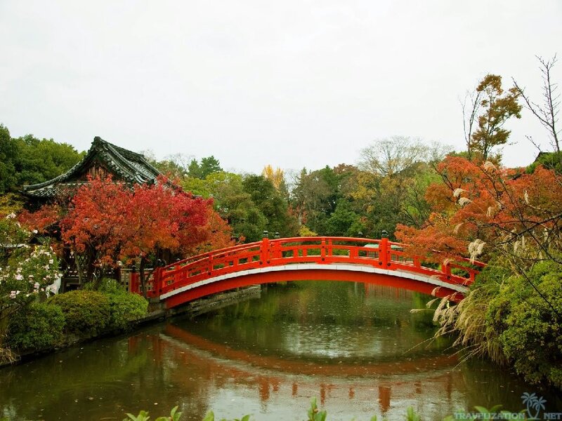 Red Bridge over Pond — Serene, Autumn