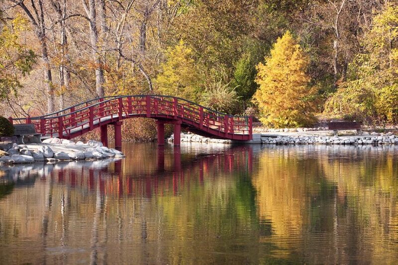 Red Bridge over Pond — Serene