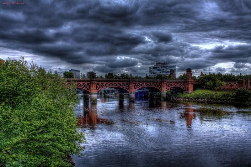Red Bridge over River — Blue, Dramatic