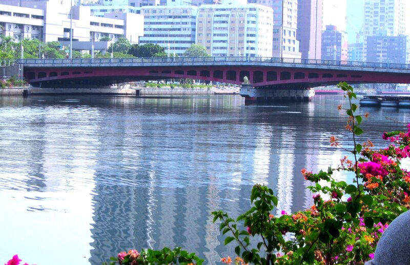 Red Bridge over River — Blue