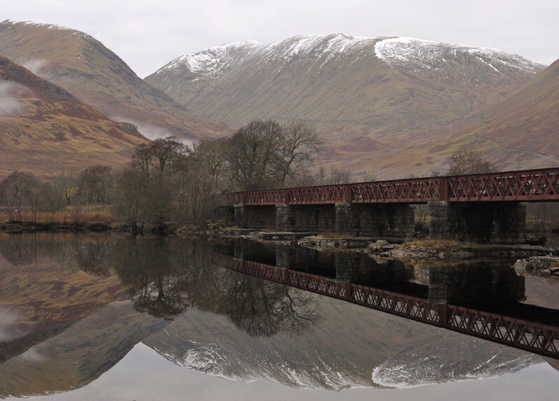 Red Bridge over River — Brown