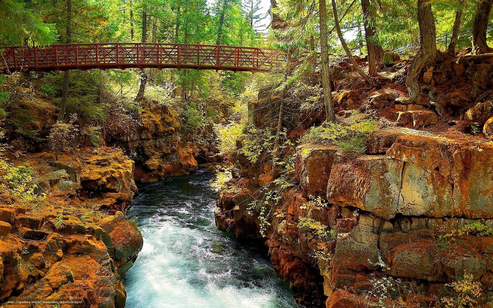 Red bridge over river canyon