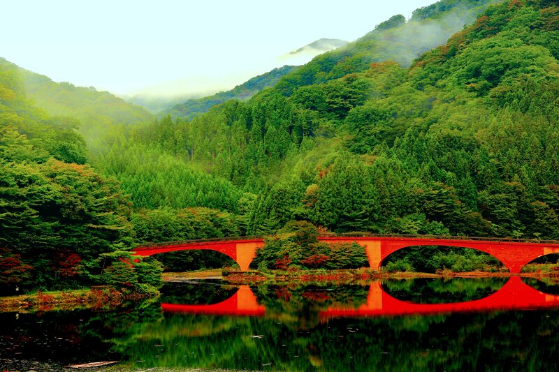 Red Bridge over River — Green, Serene, Morning