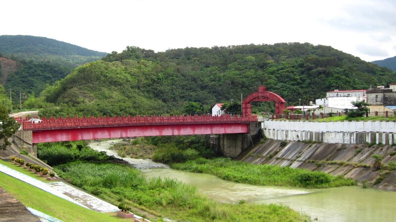 Red Bridge over River — Green, Serene