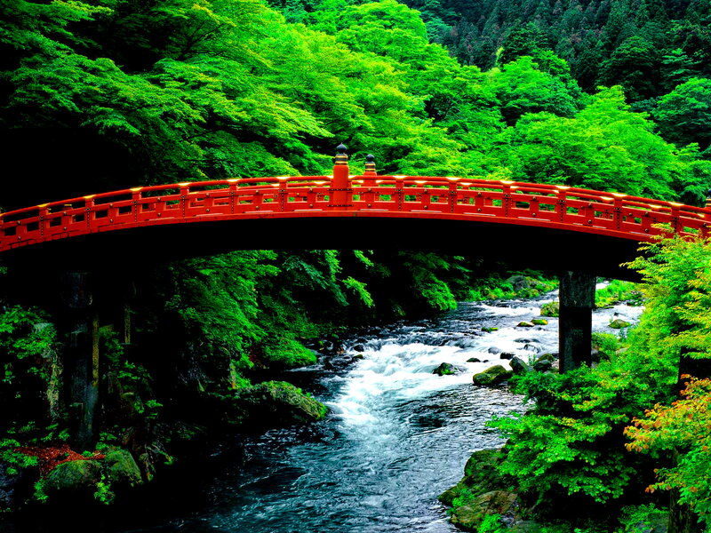 Red Bridge over River — Green