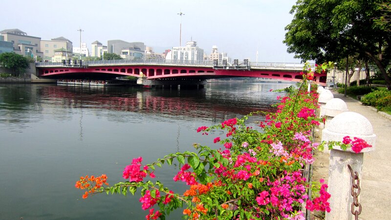Red Bridge over River — Pink