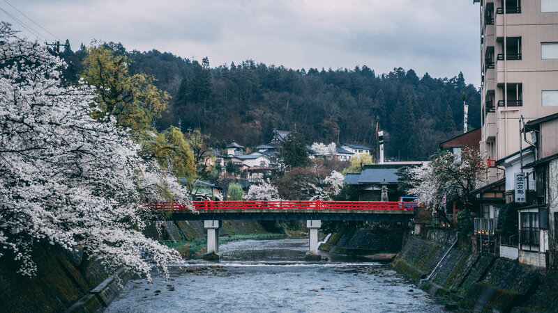 Red Bridge over River — White