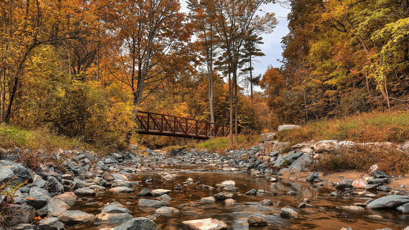 Red Bridge over Stream — Orange, Serene, Autumn