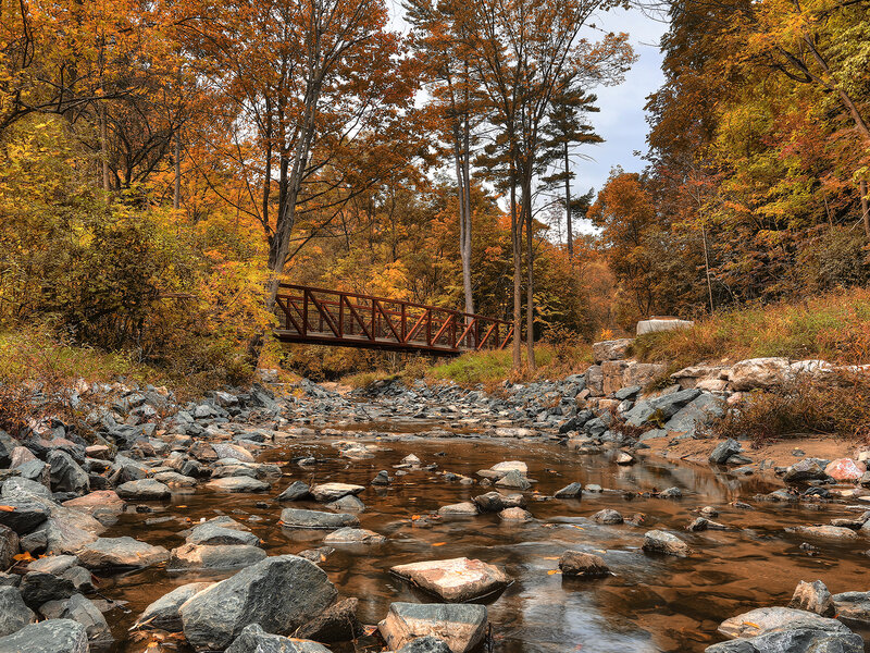 Red Bridge over Stream — Orange