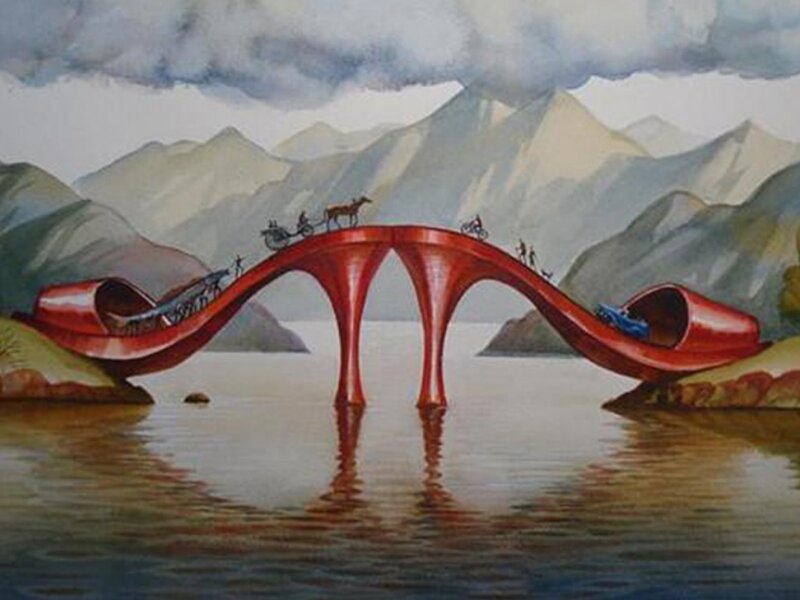 Red Bridge over Water — Dramatic