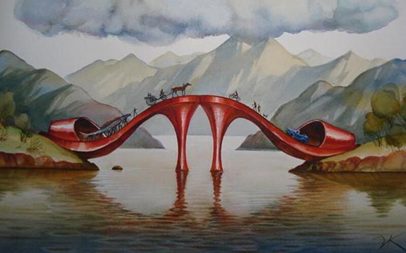 Red Bridge over Water — Serene, Afternoon