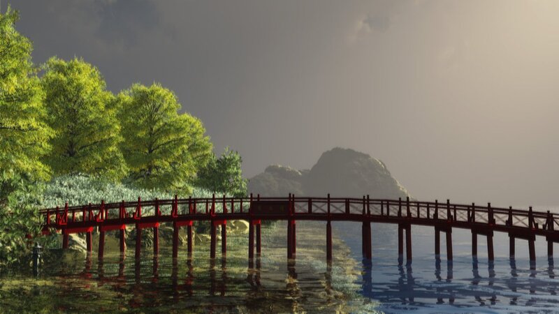 Red Bridge over Water — Serene
