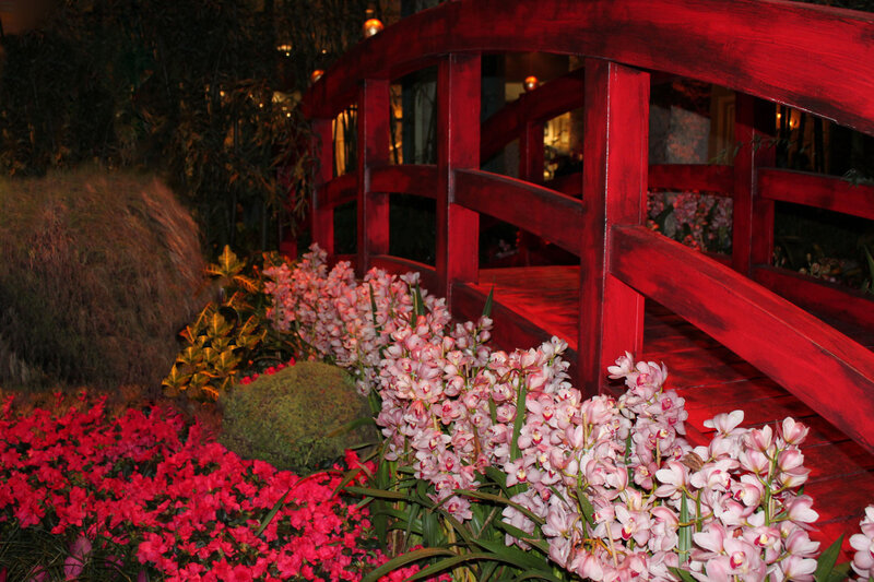 Red Bridge with Flowers