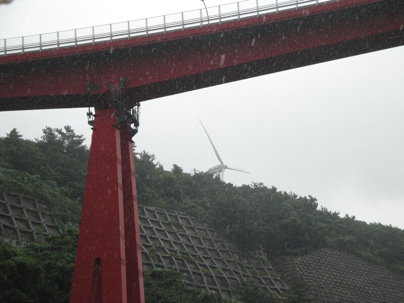 Red bridge with wind turbine