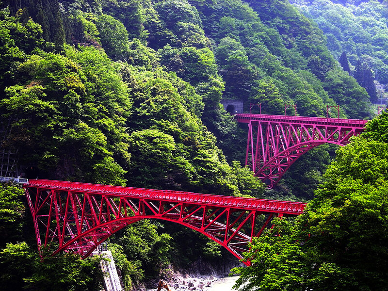 Red bridges in a green valley
