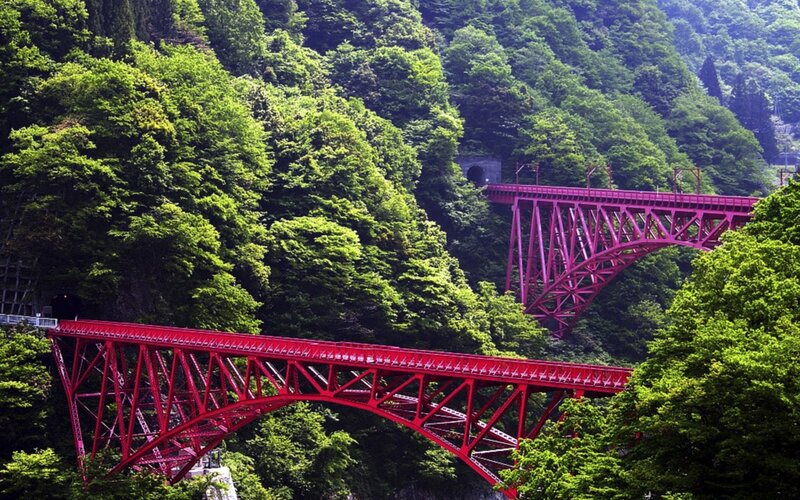 Red bridges in forested valley