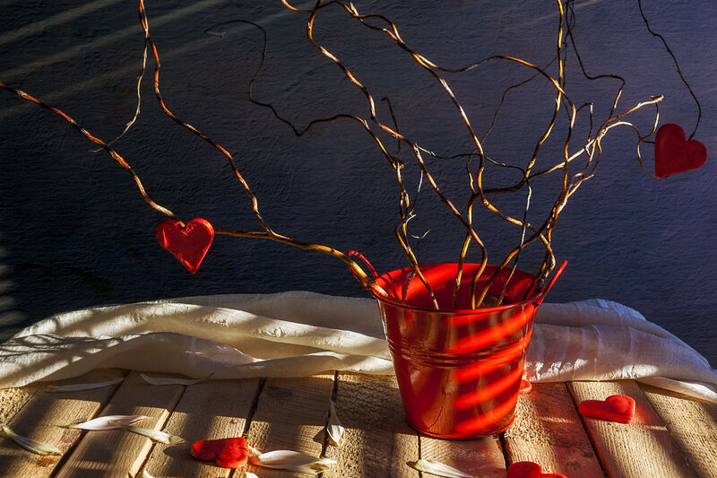 Red Bucket with Heart Branches