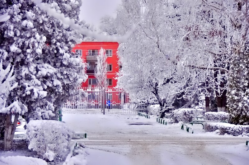 Red Building in Snow